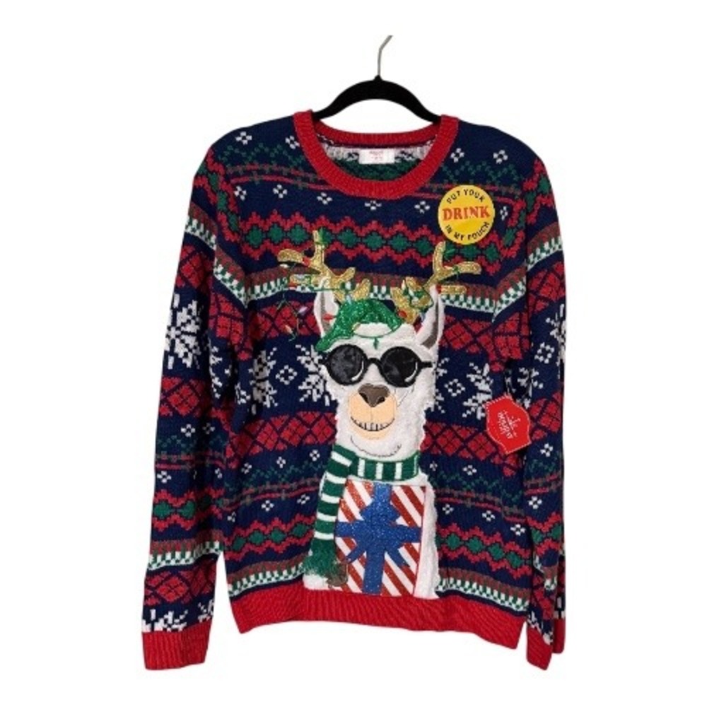 Holiday‎ Time Sweater  M Men's  Blue Llama Drink Pouch Ugly Christmas NEW